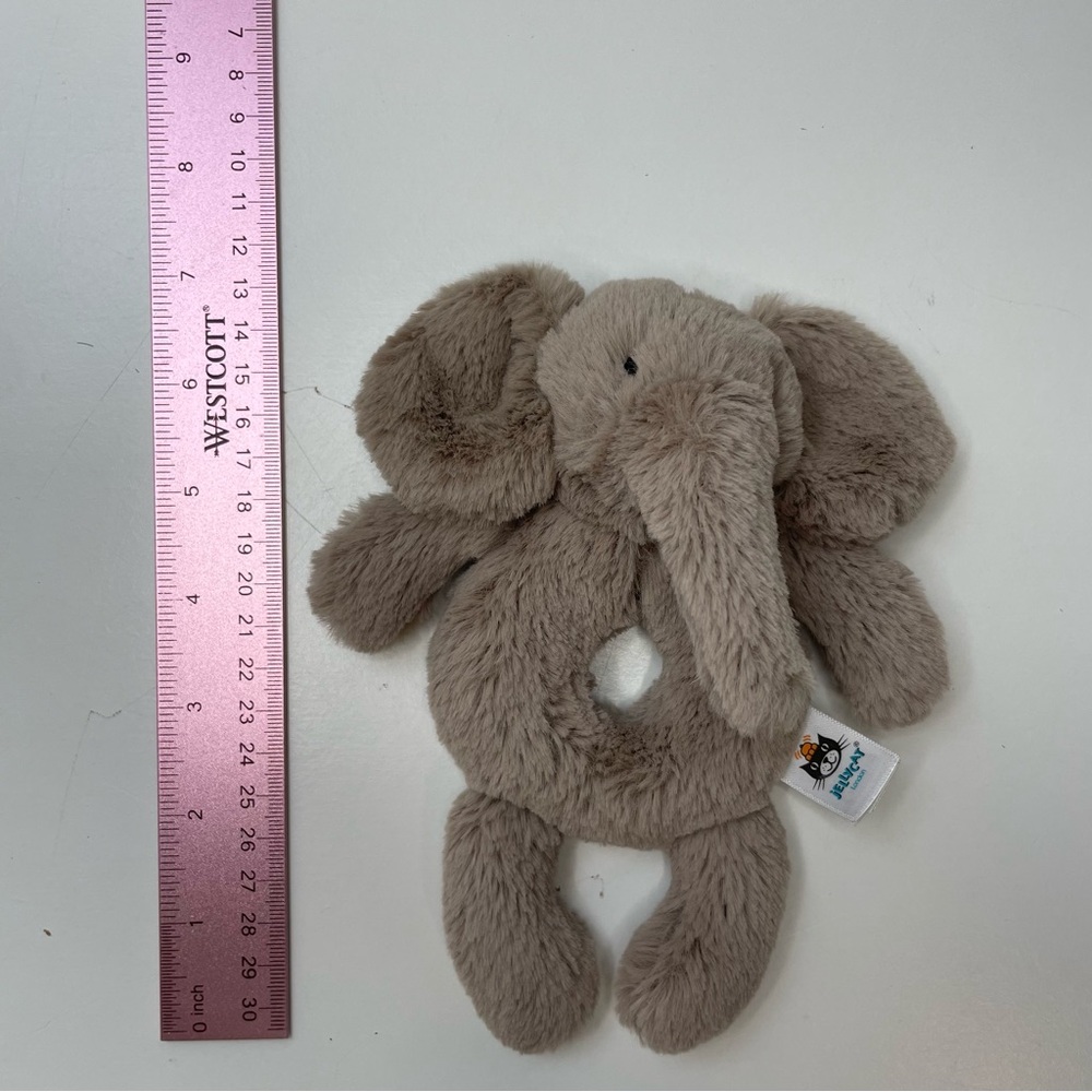 Jellycat Elephant Rattle Ring Grabber Lovey Soft Plush Baby Toy Infant Gray 7”
